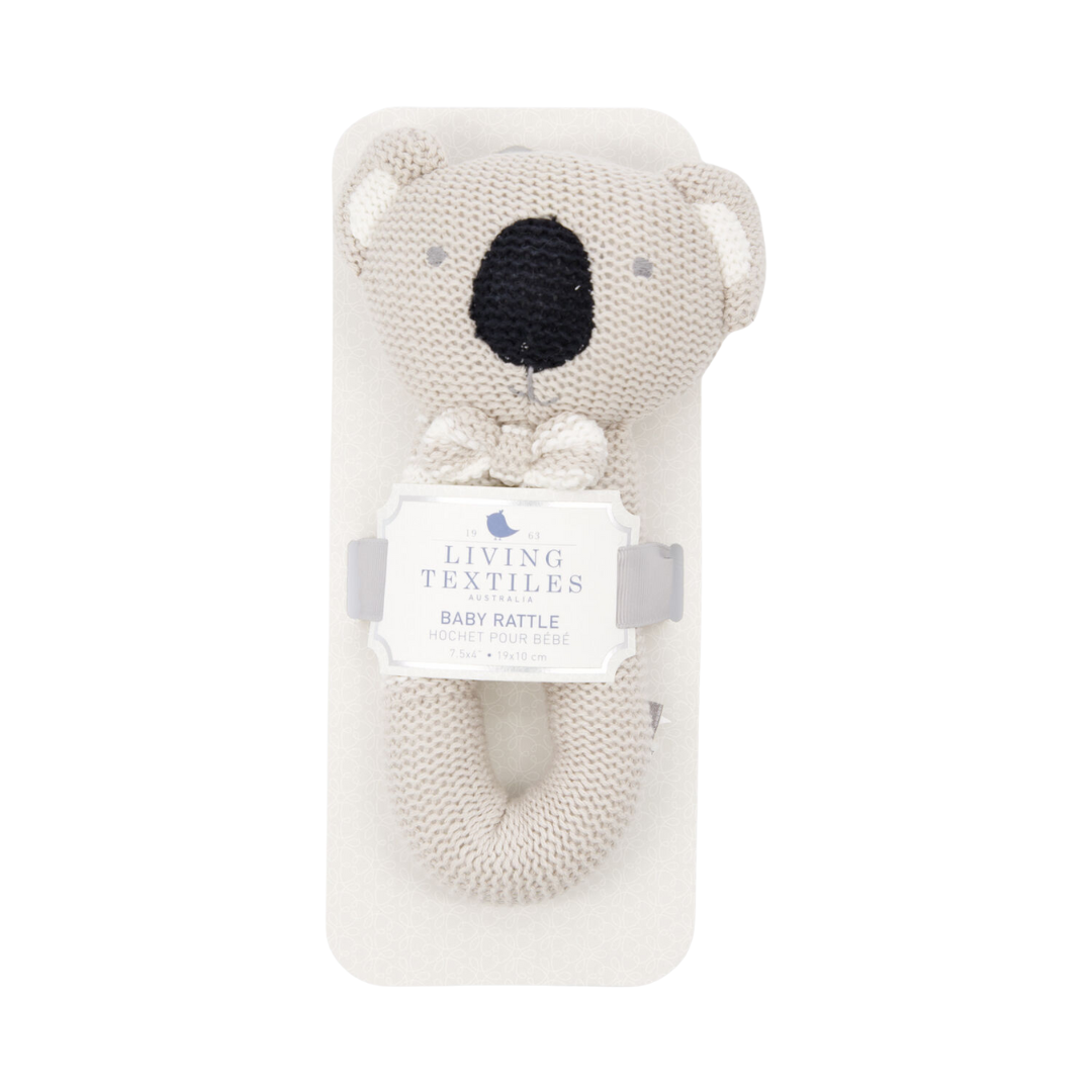 Grey knitted Koala Baby Rattle toy with cotton shell and internal rattle for sensory stimulation
