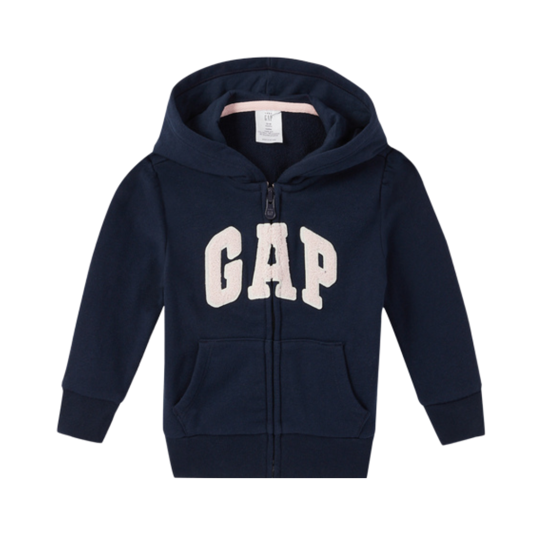 Blue GAP logo hoodie for girls with zip front and kanga pockets made from recycled polyester