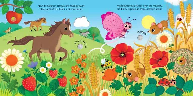 Seasons Sounds Book by Usborne featuring interactive seasonal sounds and busy scenes