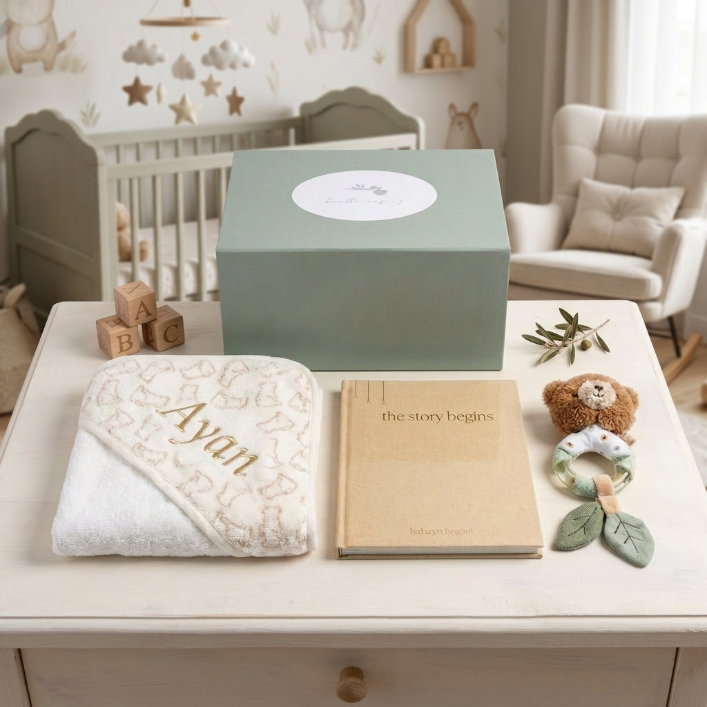 Little Beginnings Personalised Baby Gift Set | Hooded Towel, Journal & Rattle Hamper