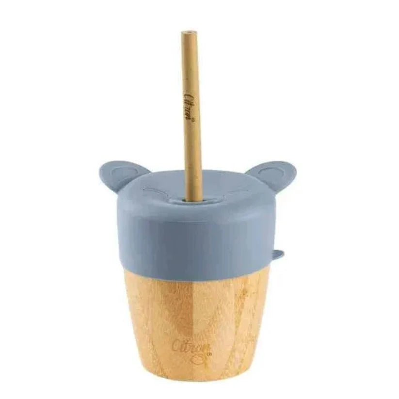Organic Bamboo Cup with lid and straw - Dusty Blue |Citron
