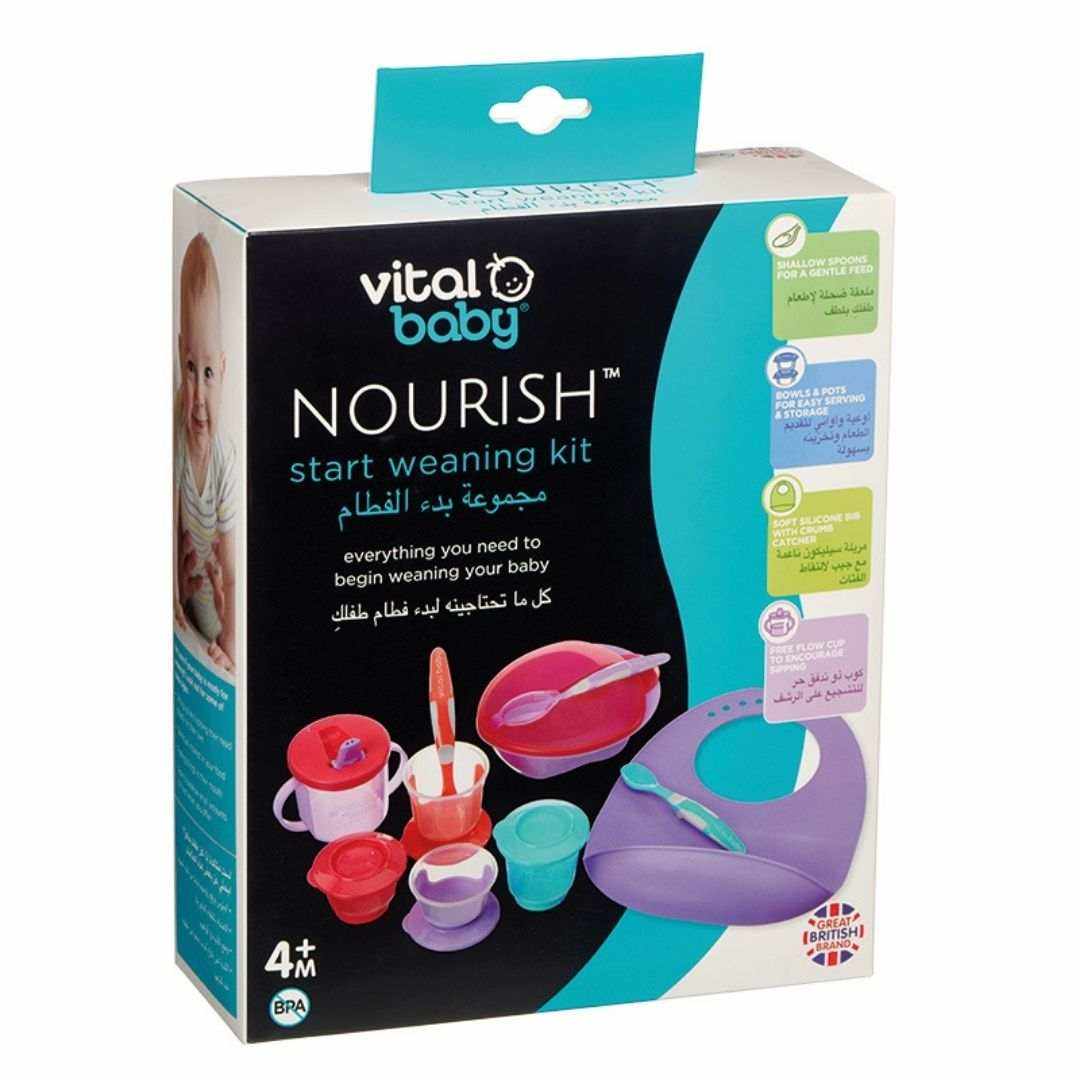 Vital Baby Nourish Complete Baby Weaning Kit with silicone bib, free flow cup, storage pots, spoons, and leak-proof feeding bowl for 6 months+