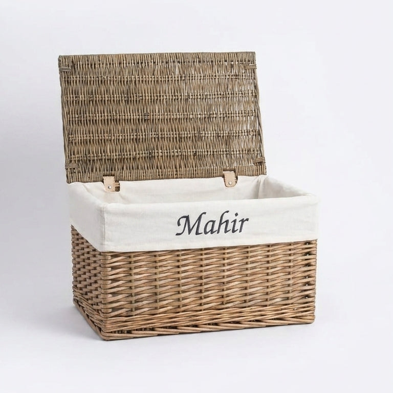 Personalised Rattan Storage Basket with Lid | Lined Nursery Storage Hamper