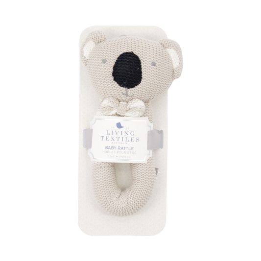 Grey knitted Koala Baby Rattle toy with cotton shell and internal rattle for sensory stimulation
