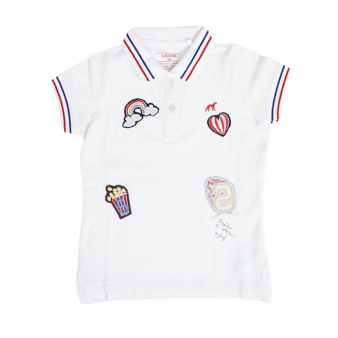 Sacoor Kids 
White polo shirt with colorful embroidered designs on a white background