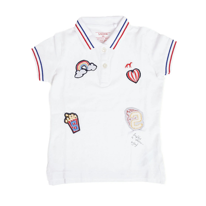 Sacoor Kids 
White polo shirt with colorful embroidered designs on a white background