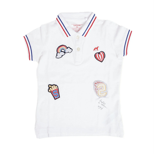 Sacoor Kids 
White polo shirt with colorful embroidered designs on a white background
