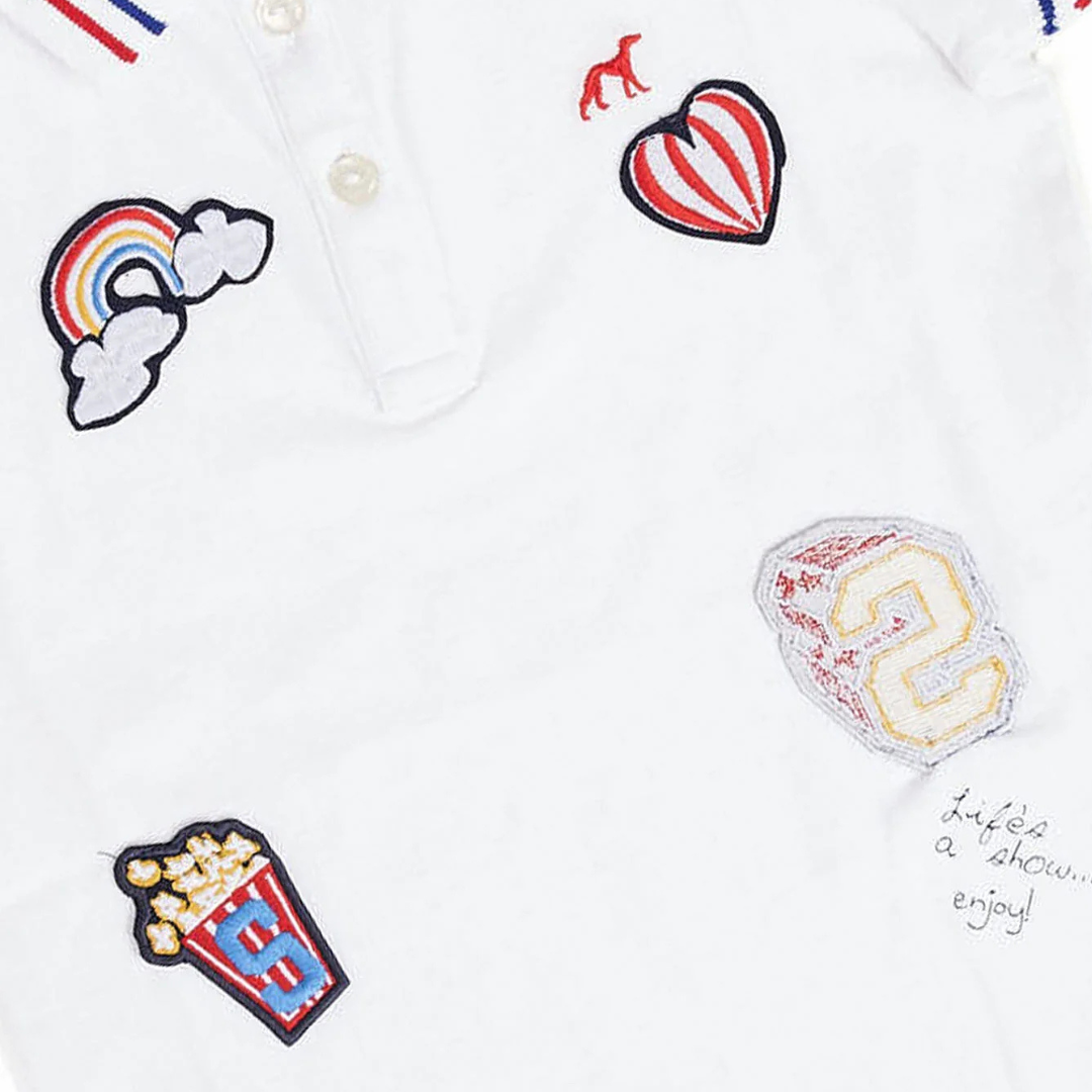 Sacoor Kids White Polo with Embroidered Rainbow & Patchwork Motifs
