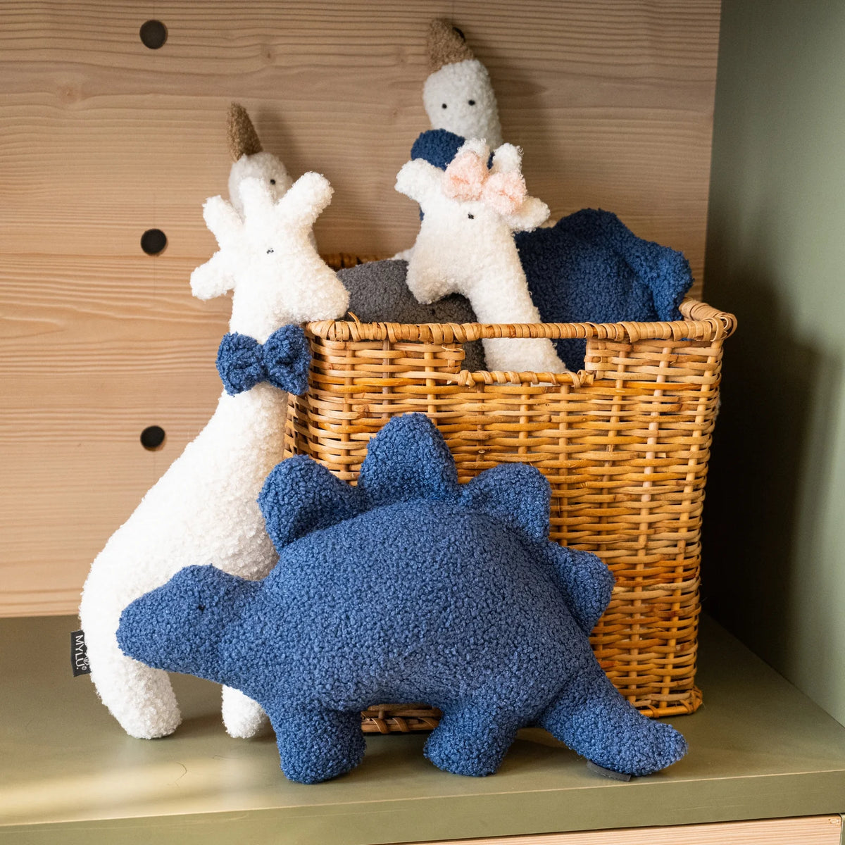 MYLU Roary Dino blue bouclé dino cushion personalised with a name