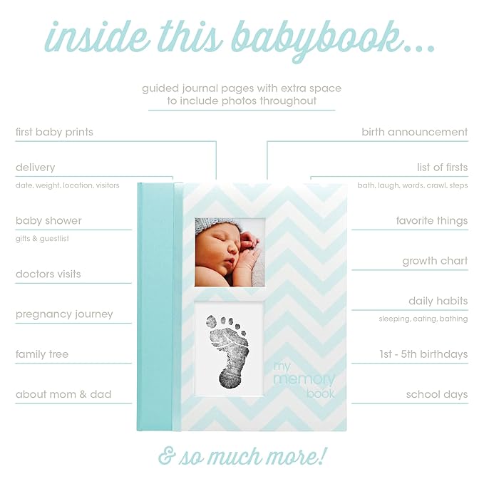 Pearhead Chevron Baby Memory Book with Clean-Touch Ink Pad Included, Teal - A for Expecting Parents