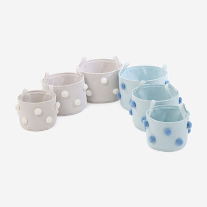 Blue & Grey Pom Pom Fabric Storage Totes