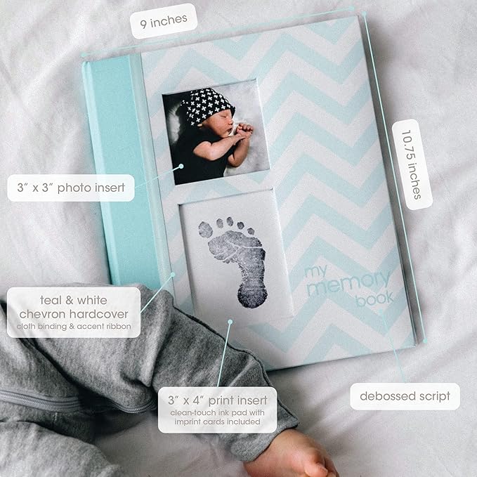 Pearhead Chevron Baby Memory Book with Clean-Touch Ink Pad Included, Teal - A for Expecting Parents