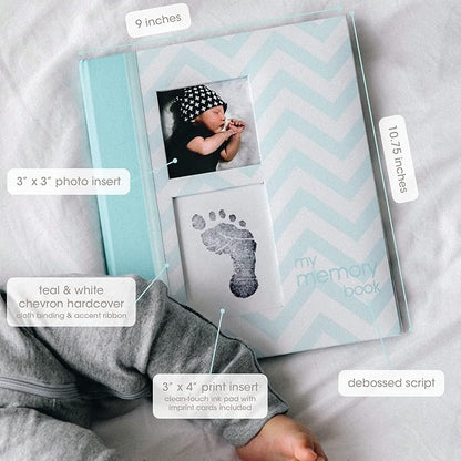 Pearhead Chevron Baby Memory Book with Clean-Touch Ink Pad Included, Teal - A for Expecting Parents