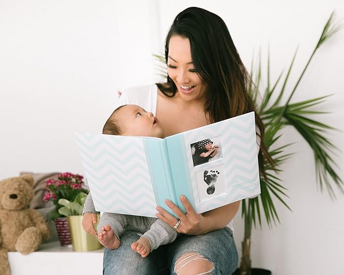 Pearhead Chevron Baby Memory Book with Clean-Touch Ink Pad Included, Teal - A for Expecting Parents