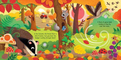 Seasons Sounds Book by Usborne with interactive sound buttons for spring birds, summer bees, and horses