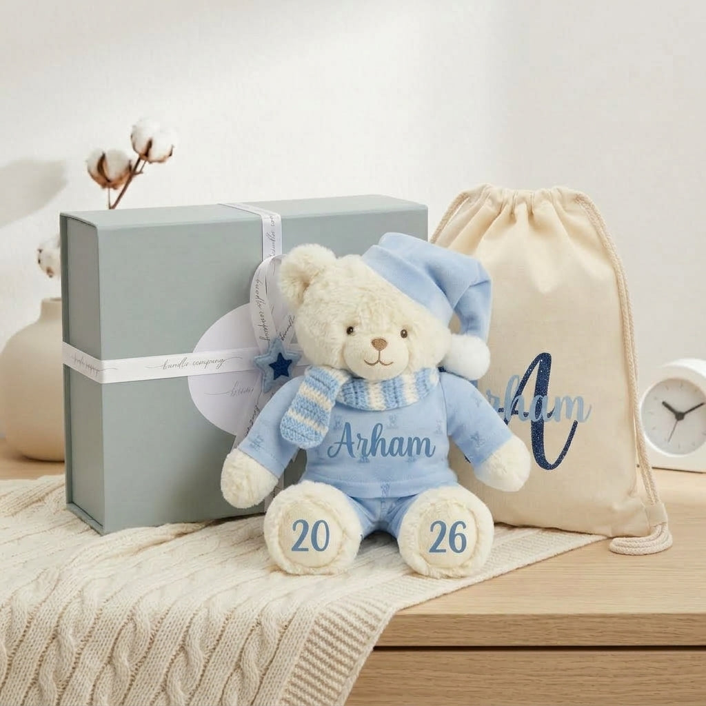 Personalised blue bedtime bear gift set