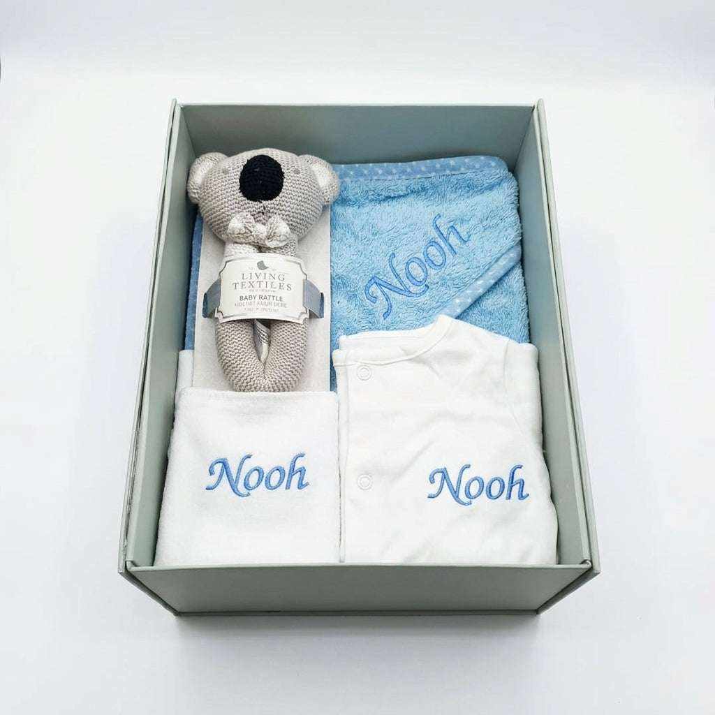 Welcome Baby Personalised Bundle with embroidered towel, romper, bib, and premium magnetic gift box