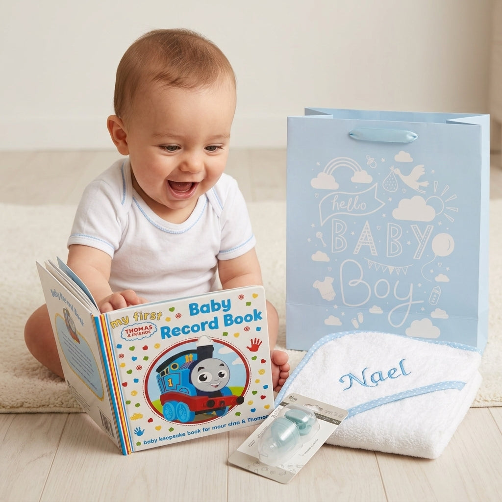 Personalised Baby Boy Gift Set | Hooded Towel, Thomas & Friends Record Book & Teether