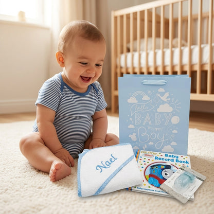 Personalised Baby Boy Gift Set | Hooded Towel, Thomas & Friends Record Book & Teether