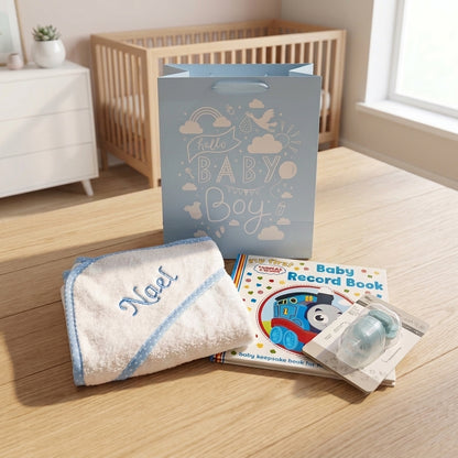 Personalised Baby Boy Gift Set | Hooded Towel, Thomas & Friends Record Book & Teether