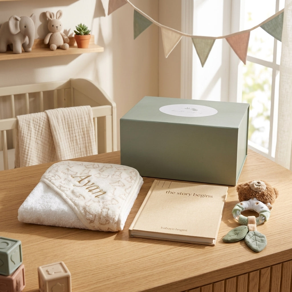 Little Beginnings Personalised Baby Gift Set | Hooded Towel, Journal & Rattle Hamper