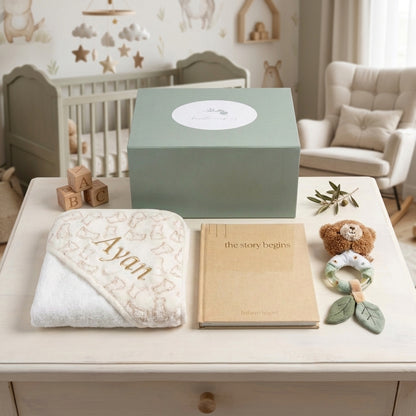 Little Beginnings Personalised Baby Gift Set | Hooded Towel, Journal & Rattle Hamper