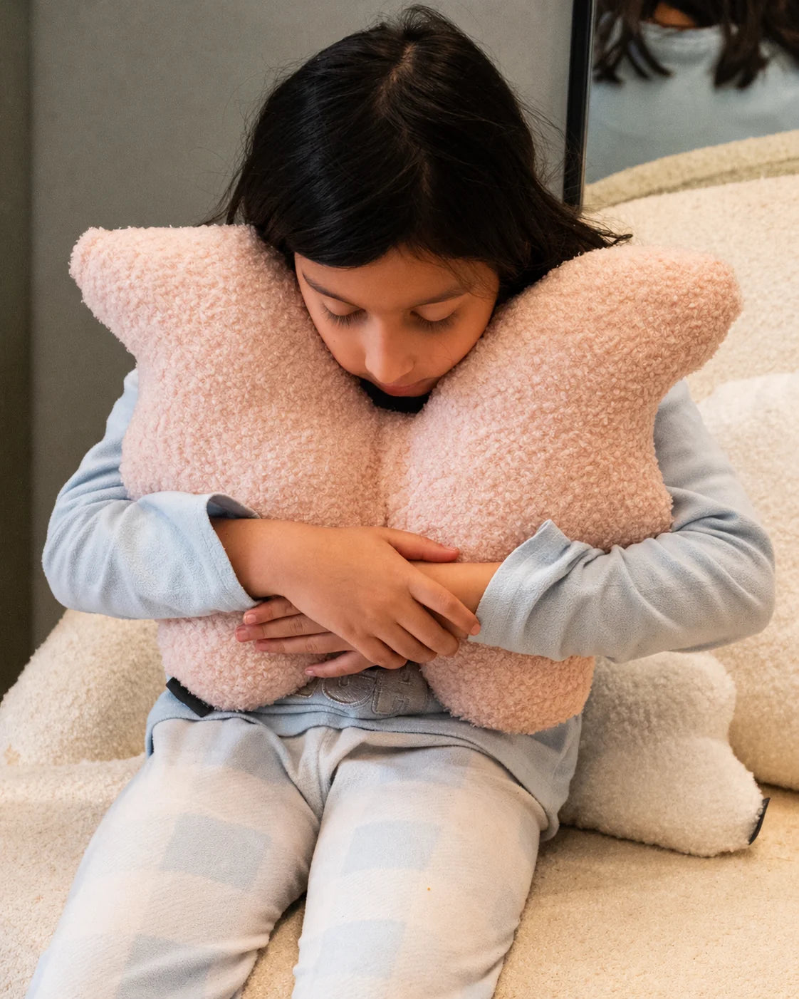 Blush Butterfly personalised bouclé cushion, a baby shower and newborn gift