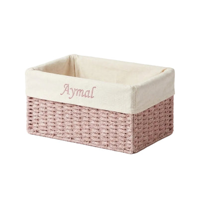 Personalised blush pink woven storage basket with baby name for nursery – Bundle Company PK