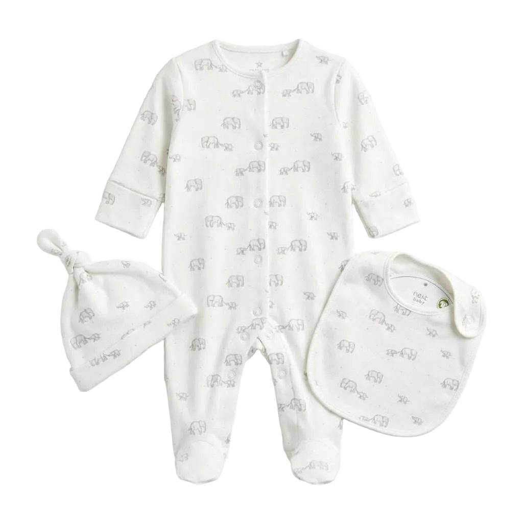 Elephant Footed Sleepsuit, Bib & Cap Set | Next Baby