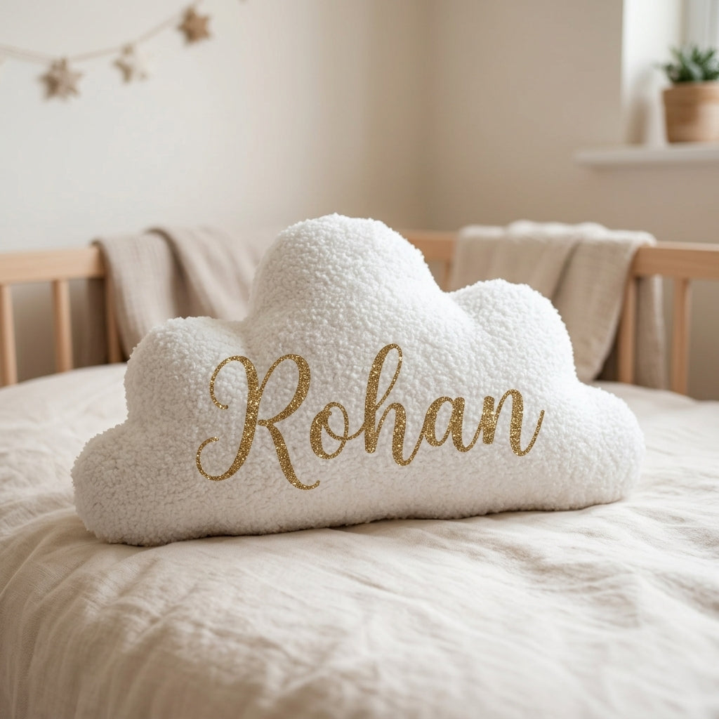 MYLU Cloudy Hugs cloud-shaped bouclé cushion, personalised for a nursery