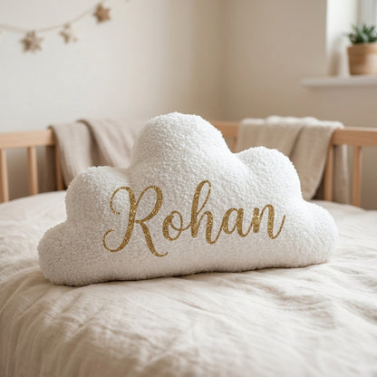 MYLU Cloudy Hugs cloud-shaped bouclé cushion, personalised for a nursery