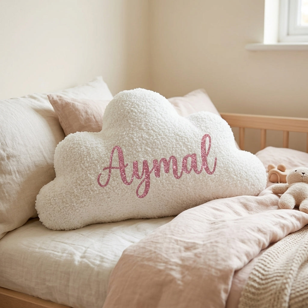 Cloudy Hugs personalised baby name cushion by MYLU in white bouclé