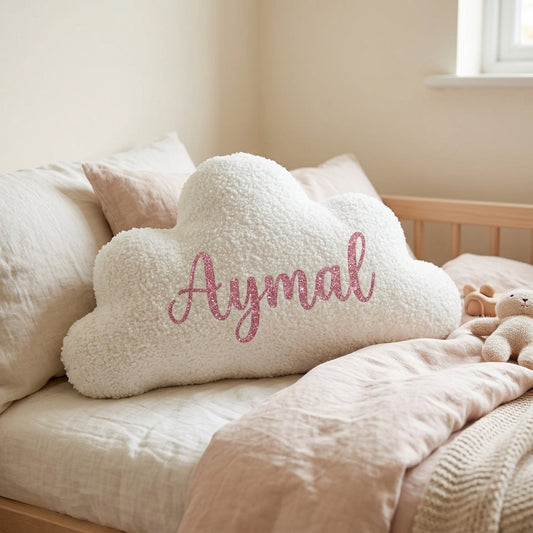 Cloudy Hugs personalised baby name cushion by MYLU in white bouclé