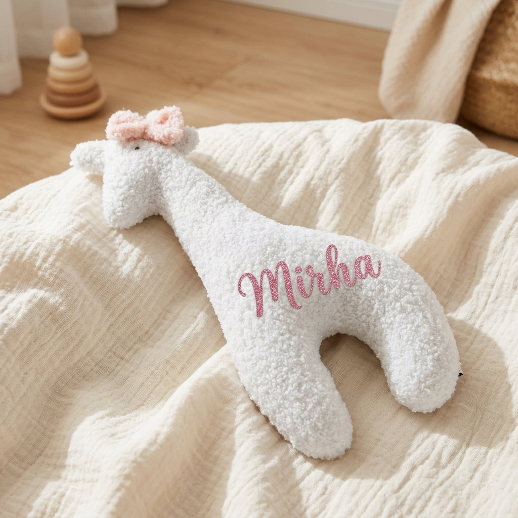 Lola the Giraffe cushion by MYLU personalised with a baby's name in pink