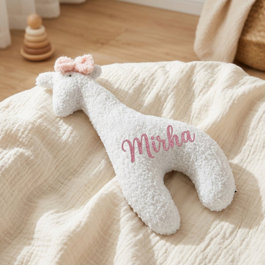 Lola the Giraffe cushion by MYLU personalised with a baby's name in pink