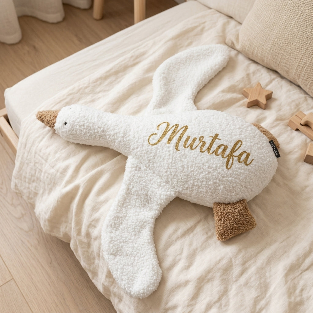 MYLU Dreamy Goose goose-shaped bouclé cushion, personalised for a nursery