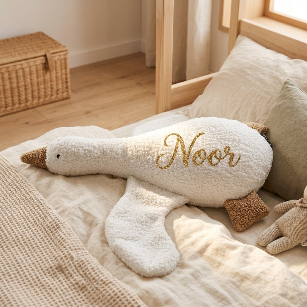 Dreamy Goose cushion personalised with a baby's name, handmade by MYLU