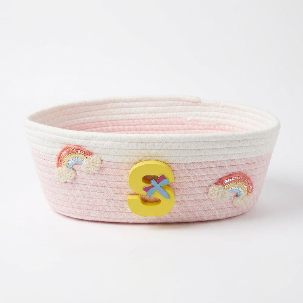 Personalised Rainbow Initial Basket – Pink Cotton Rope Storage for Nursery & Playroom
