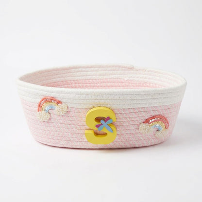 Personalised Rainbow Initial Basket – Pink Cotton Rope Storage for Nursery & Playroom