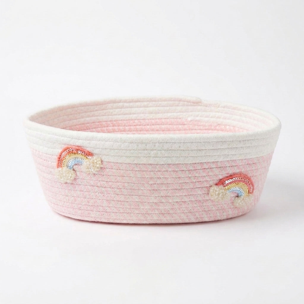 Personalised Rainbow Initial Basket – Pink Cotton Rope Storage for Nursery & Playroom