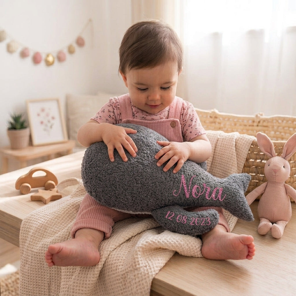 Baby holding a grey Whale Hugs bouclé cushion personalised with the name Nora in pink
