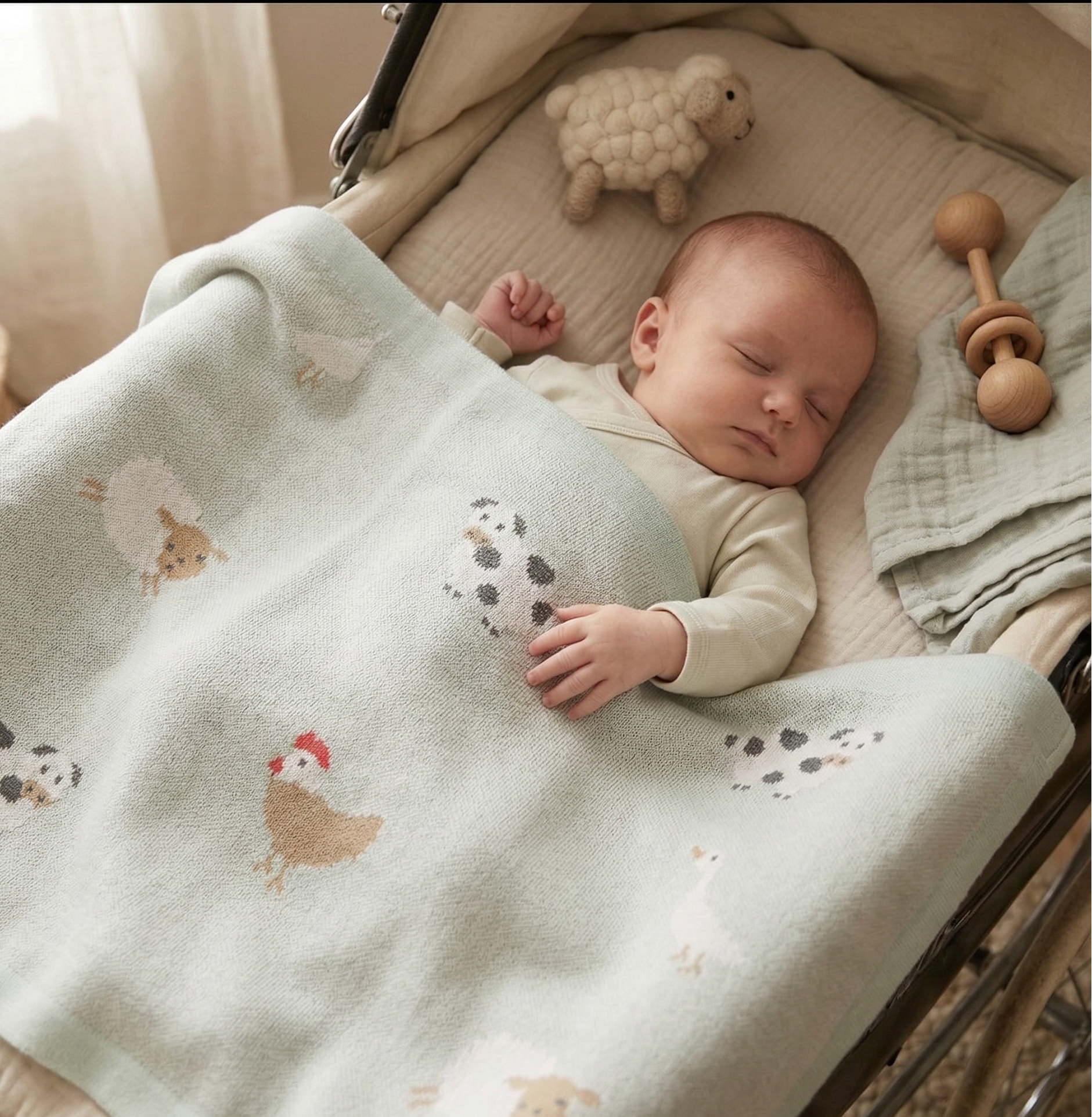 Silver Cloud sage green baby shawl with farmyard animal motifs, 100% cotton, 70cm x 90cm”