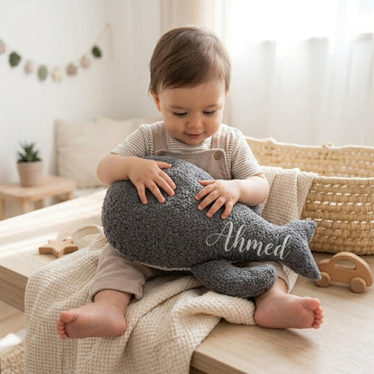 Whale Hugs personalised baby name cushion by MYLU in grey bouclé