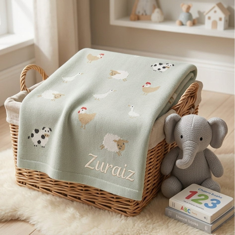 Silver Cloud sage green baby shawl with farmyard animal motifs, 100% cotton, 70cm x 90cm”
