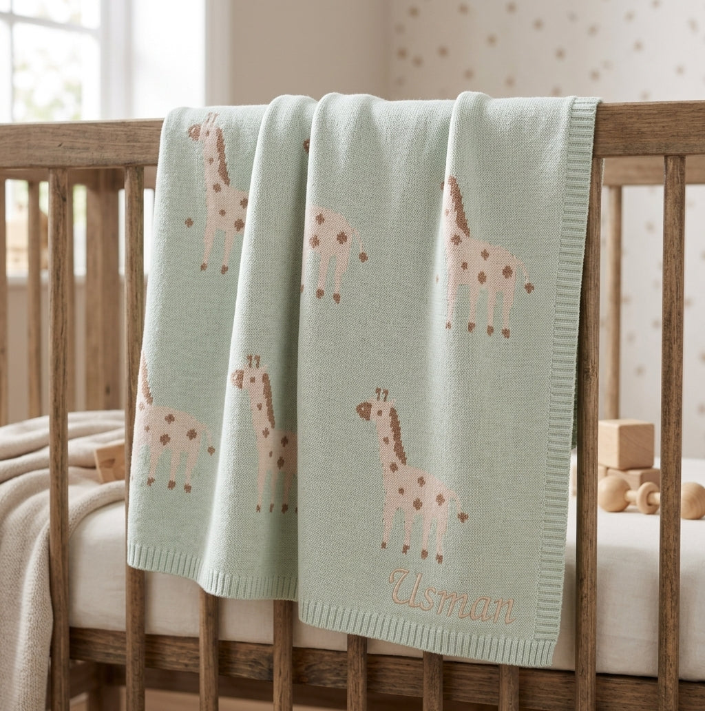 Giraffe knitted baby shawl blanket by Bundle Company