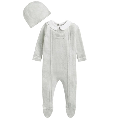 Mamas & Papas grey knitted baby romper and hat set with pearl detail