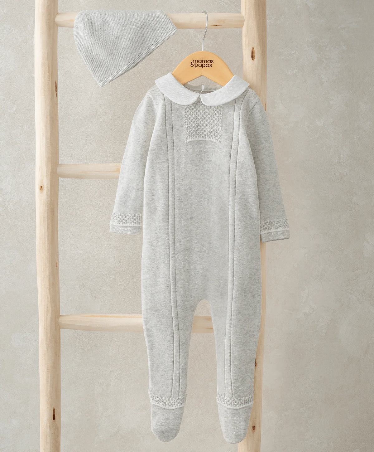 Mamas & Papas grey knitted baby romper and hat set with pearl detail – view 2