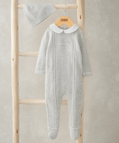 Mamas & Papas grey knitted baby romper and hat set with pearl detail – view 2
