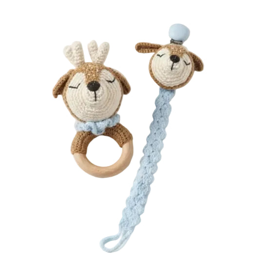 Hand-Knitted Deer Baby Rattle & Pacifier Clip Set by Khwaab