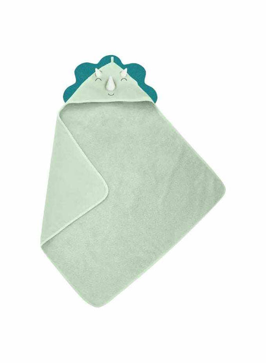 Child wearing dinosaur hooded bath towel made of soft microfiber